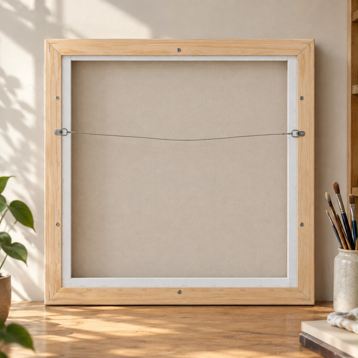 Pro Grade Cotton Duck pre-framed canvas, back view with hanging wire
